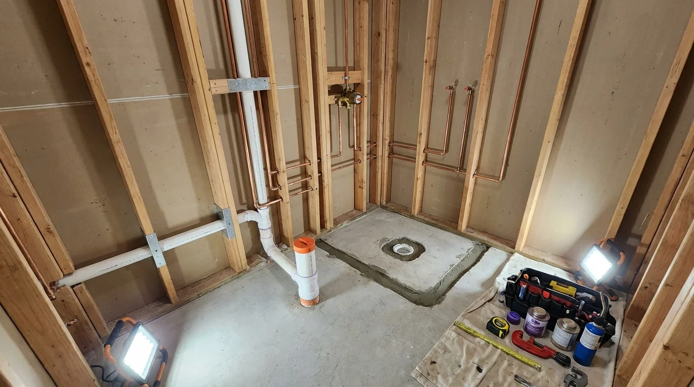 Bathroom rough-in plumbing during remodel by Johns Plumbing LLC in White Pine