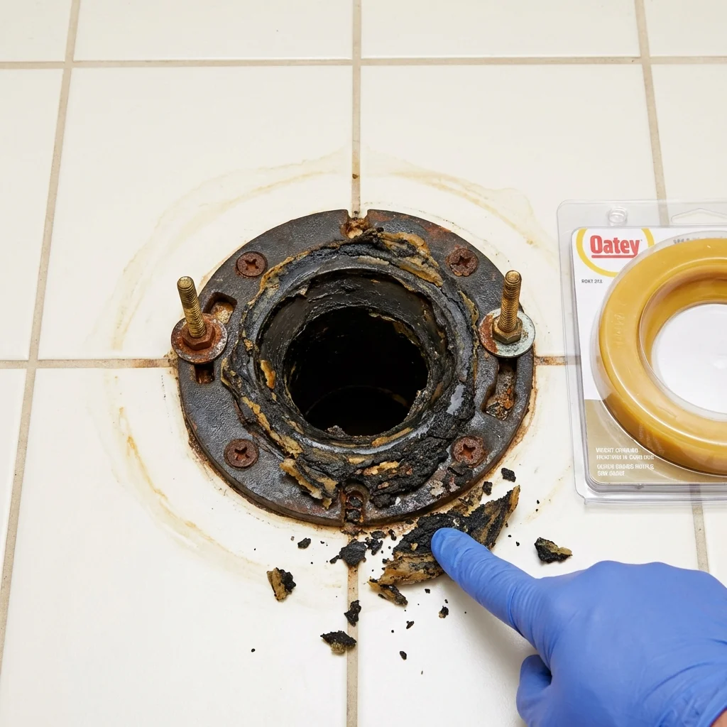 Failed wax ring showing water seepage at the base of a toilet in a White Pine, TN home