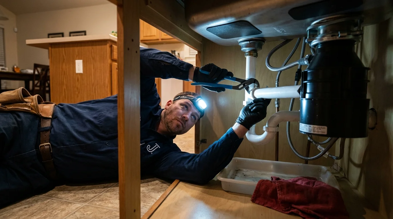 P-trap and supply line connections under a kitchen sink showing a common leak point in White Pine, TN
